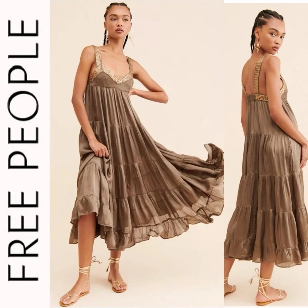 Like New Free People Isadora Studded Silky Maxi Dress olive green - Picture 3 of 15